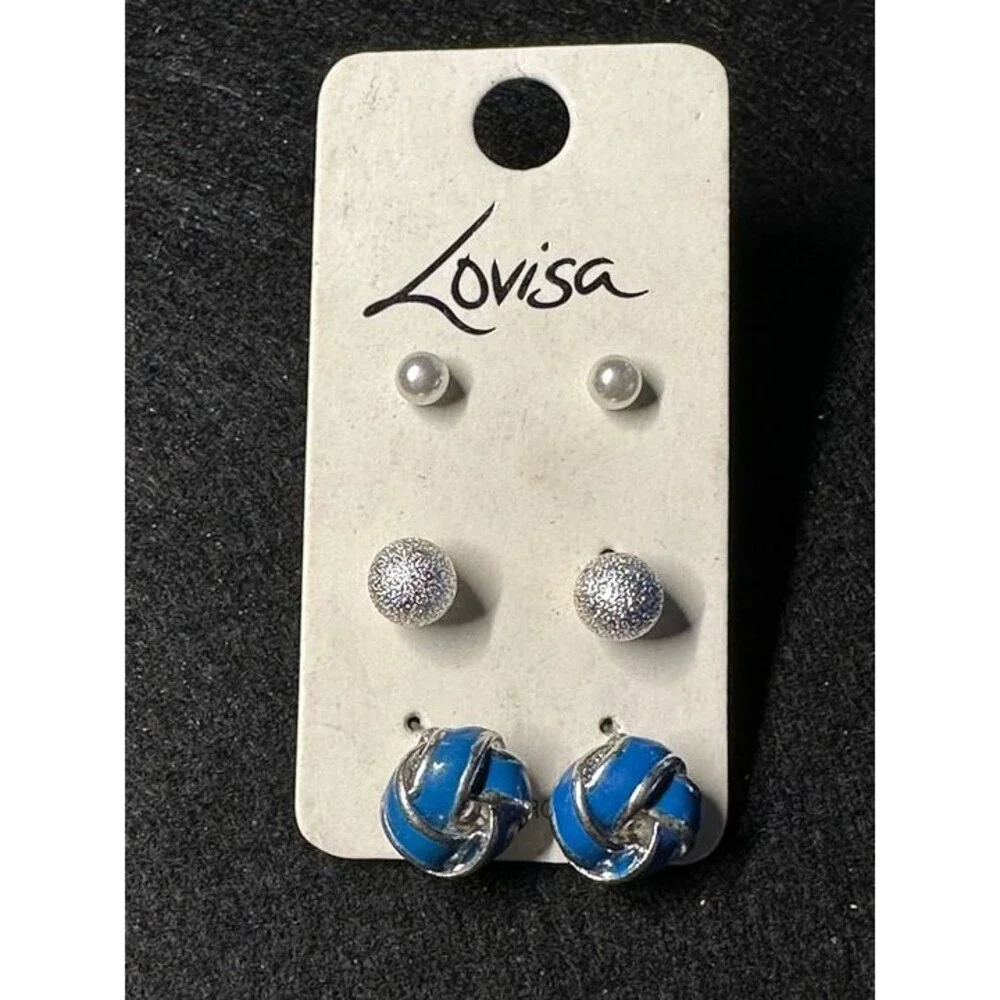 Lovisa 3 Pair Stud Earring Set Pearl Glitter Ball Knot Silver Tone Style New